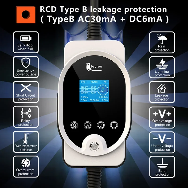 Feyree 22KW タイプ2 ケーブル EVSE ウォー - Ev Charger Type 2 22Kw 32A 3 Phase のレビューと価格